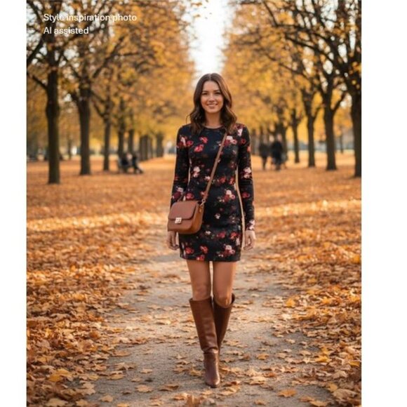 WILFRED, "The Fleur" black floral long sleeve bodycon dress - Picture 2 of 7